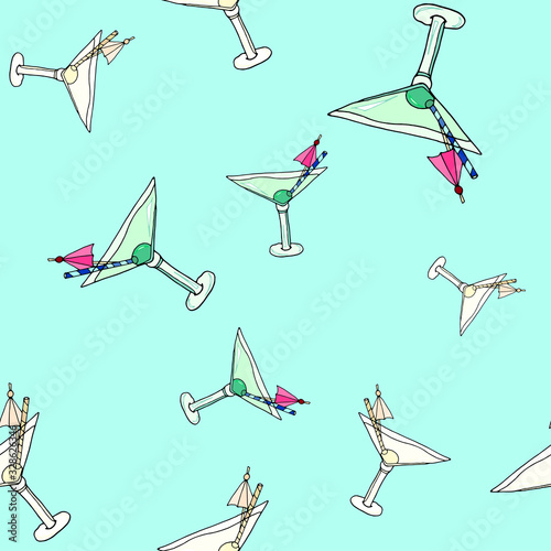 Seamless pattern glass of dry martini cocktail and olives on a colorful background.