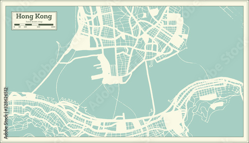 Hong Kong China City Map in Retro Style. Outline Map.