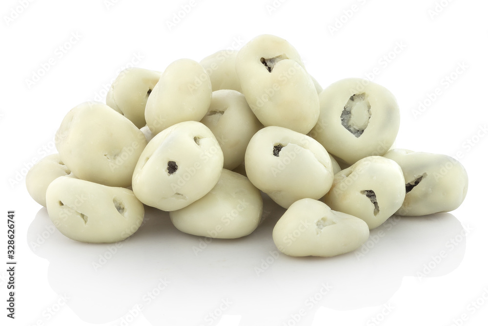 Raisins in white chocolate. Isolated on white background with shadow reflection. With clipping path. With vector path. Yogurt Coated large juicy raisins covered in a creamy yogurt flavour coating. Raisins in white chocolate. Isolated on white background with shadow reflection. With clipping path. With vector path. Yogurt Coated large juicy raisins covered in a creamy yogurt flavour coating.