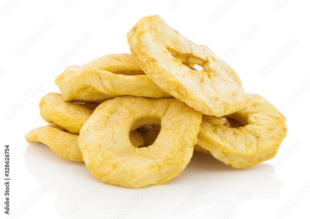 Pile of bio dried apple rings. Isolated on white background with shadow reflection. With clipping path. With vector path. Organic deied apples. Naturally dried apples on white bg.