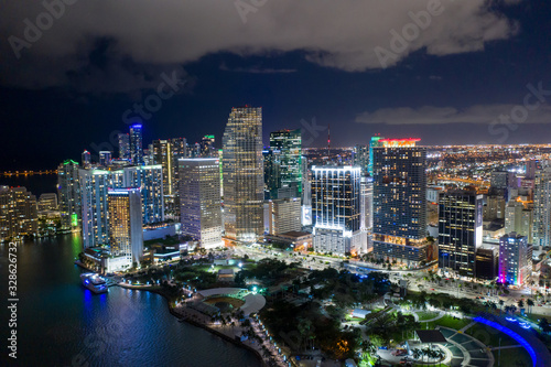 Aerial drone photo Downtown Miami city lights