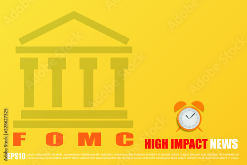 Fed Open Market Committee (FOMC) with magnifying glass and trading candlesticks on high impact news market analysis