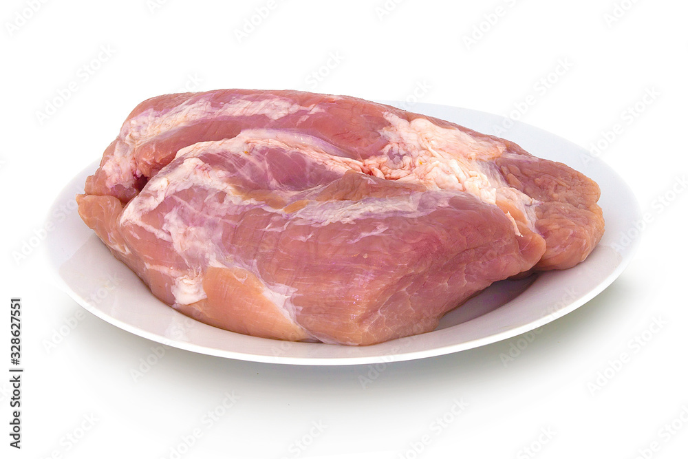 Raw gigot on ceramic plate. Isolated on white background with shadow reflection. With clipping path. With vector path. Joint of pork on white bg. Raw pork meat on the plate. Raw gigot on ceramic plate. Isolated on white background with shadow reflection. With clipping path. With vector path. Joint of pork on white bg. Raw pork meat on the plate.