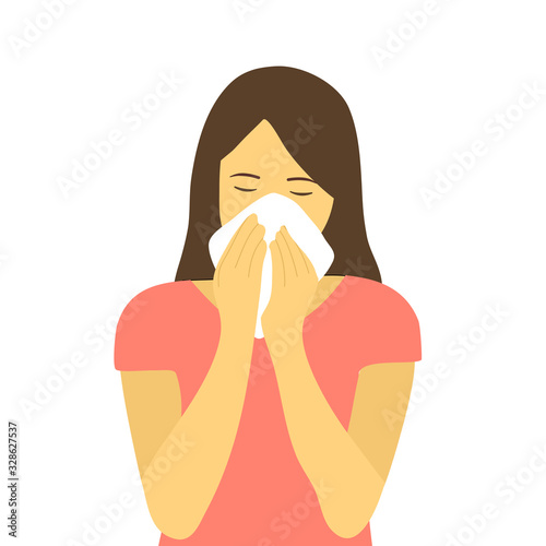 Sneezing woman concept vector illustration on white background. A woman in pink dress sneezing in handkerchief. Sick woman sneeze. Season allergy.