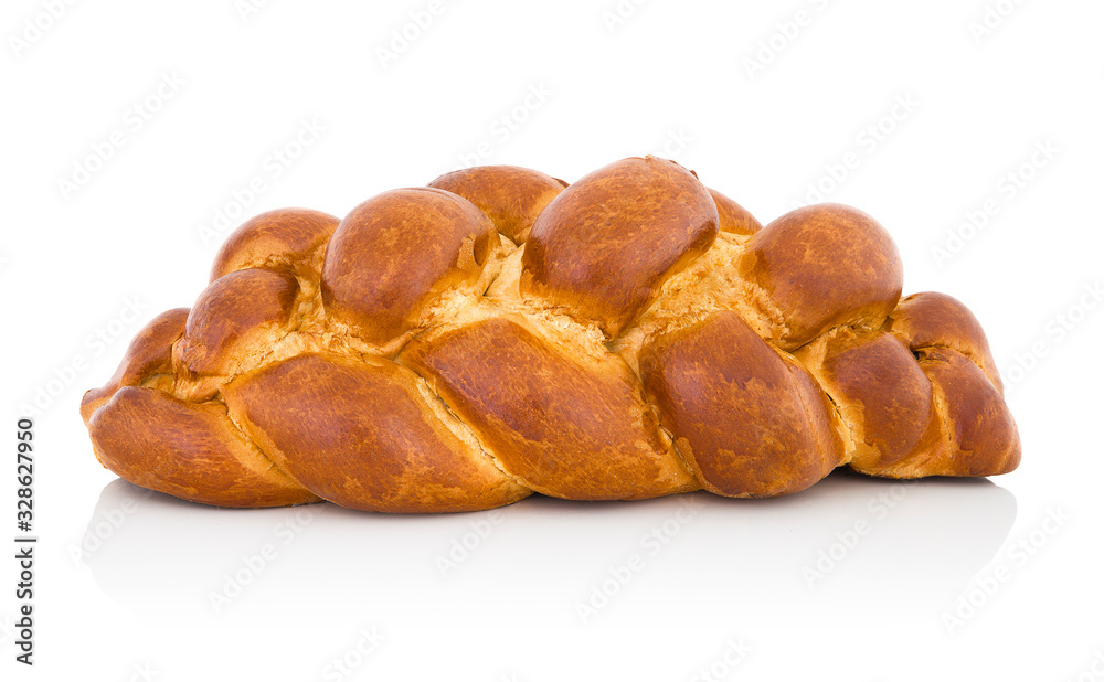 Fancy bread in slovak called: Vianocka. Sweet leavened bread with raisins inside. Easter bread on white bg. Isolated on white background with shadow reflection. With clipping path. With vector path.