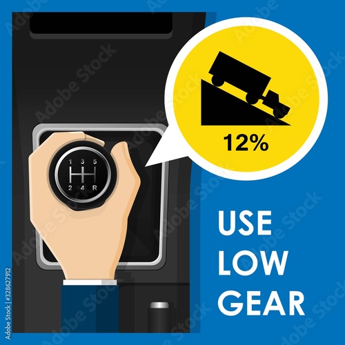 Use Low Gear Manual Transmission of Car Vehicle when Downhill or Uphill and Use Engine Brake for Safely Anti Brake Burning Brake Sign Symbol Icon