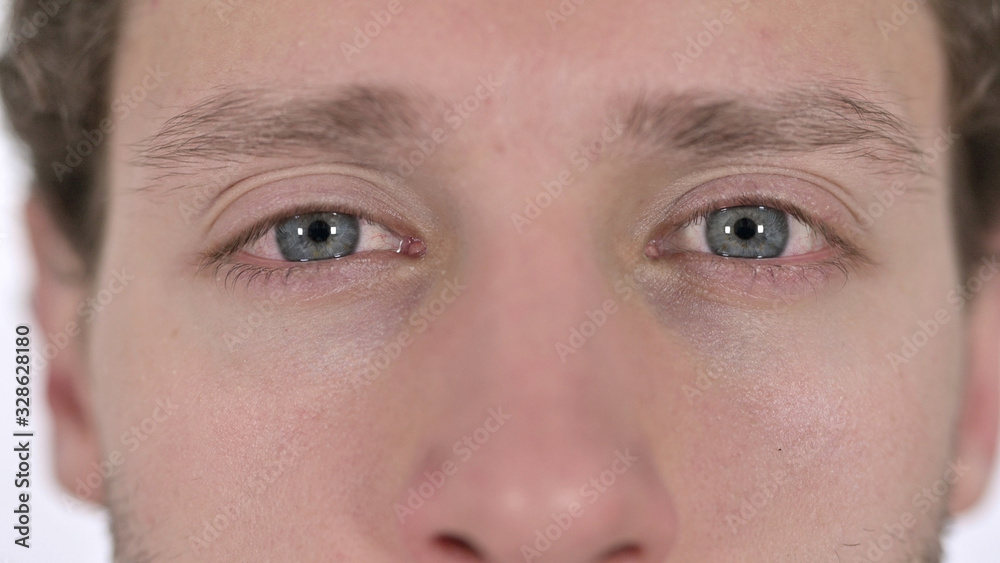 Fototapeta premium Close up of Blinking Eyes of Young Man on White Background
