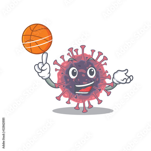 A sporty microbiology coronavirus cartoon mascot design playing basketball