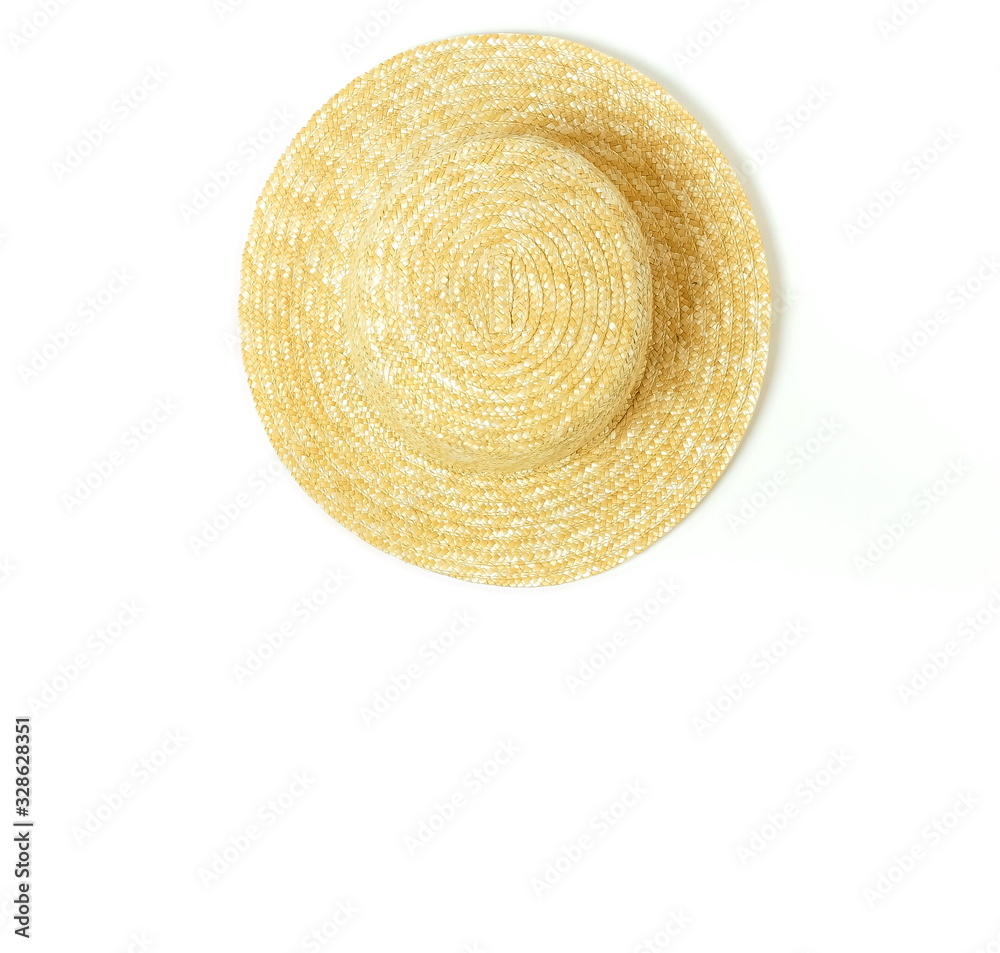 straw hat, beach accessories isolated on white background top view. copy space straw hat, beach accessories isolated on white background top view. copy space