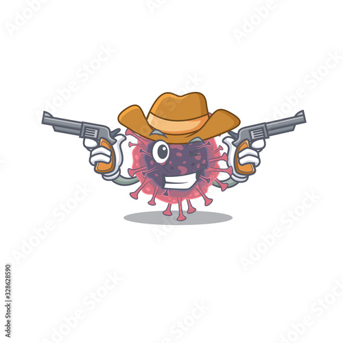 Funny microbiology coronavirus as a cowboy cartoon character holding guns