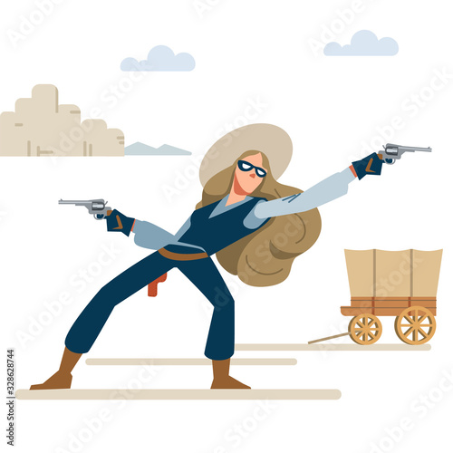 Cowgirl in a robbery with two revolvers. wild West. Cartoon vector illustration. Flat style. Isolated on white background