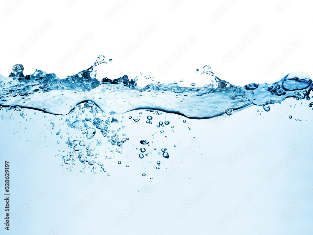 blue water surface with splash, waves and air bubbles on white background blue water surface with splash, waves and air bubbles on white background