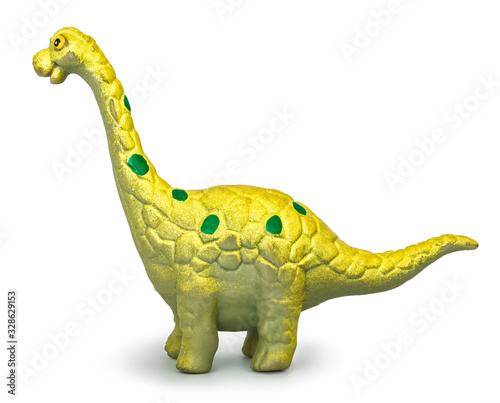 Brontosaurus toy. Isolated on white background with natural shadow. Brontosaur plaything on white bg. photo