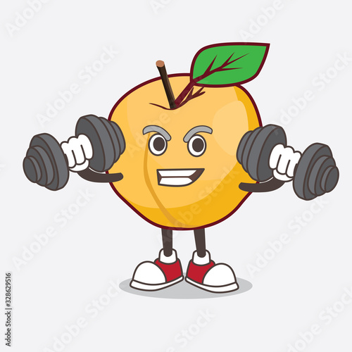 Apricot cartoon mascot character on fitness exercise trying barbells