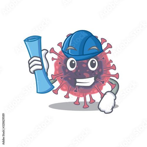 Smiling Architect of microbiology coronavirus having blue prints and blue helmet © kongvector