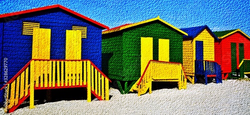 Landscape with colorful changing huts on a beach in Muizenberg photo