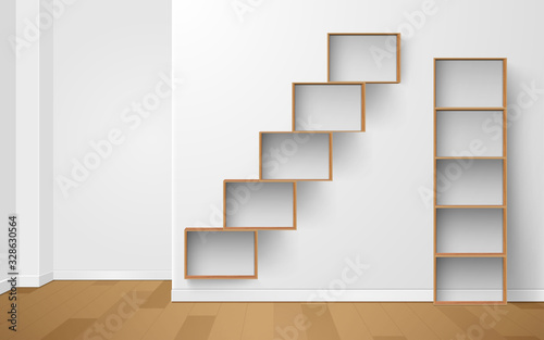 wooden shelf and wooden showcase in the white room