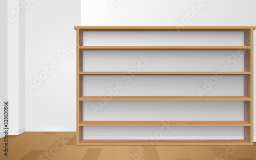  wooden shelf and wooden showcase in the white room