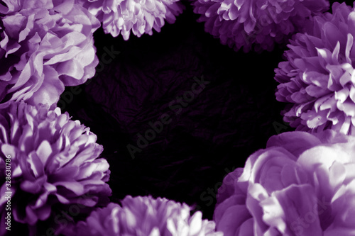 Beautiful abstract color blue pink and purple flowers on black background and blue graphic white flower frame and pink leaves texture, purple background, colorful graphics banner 