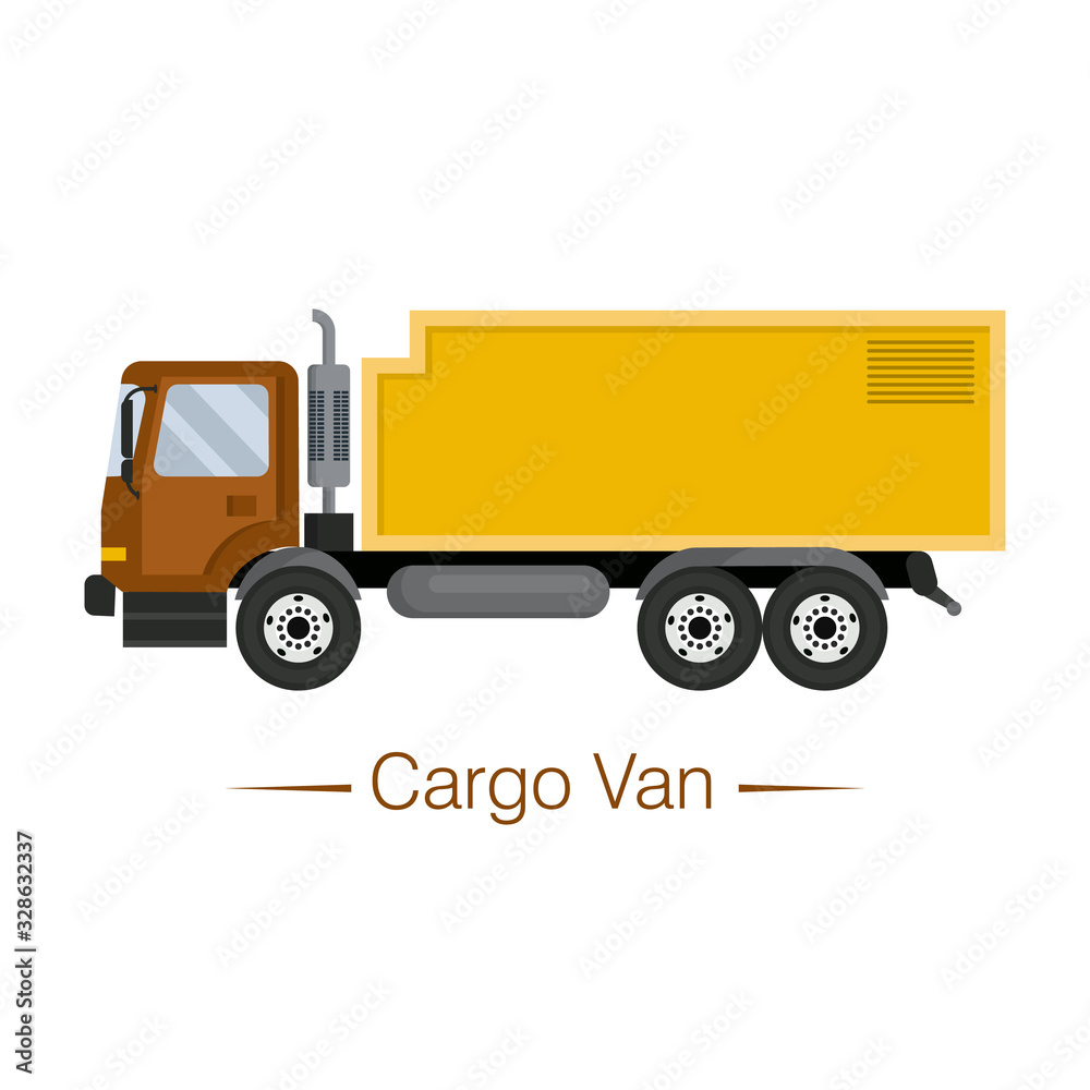 Yellow modern van on off-road cargo chassis with brown cab Yellow modern van on off-road cargo chassis with brown cab