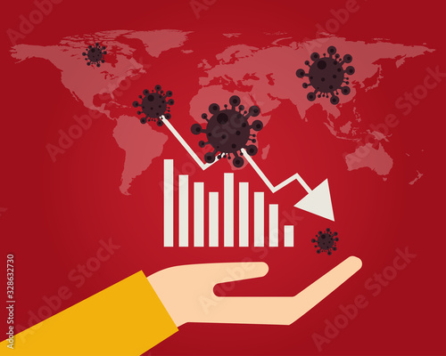 Economy down with Covid-19 crisis concept: there are virus with red background and world map, bars of chart and down arrow for your design