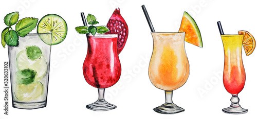  watercolor illustration. alcoholic drinks. Beautiful vibrant tropical cocktails. isolated on a white background. famous cocktails.