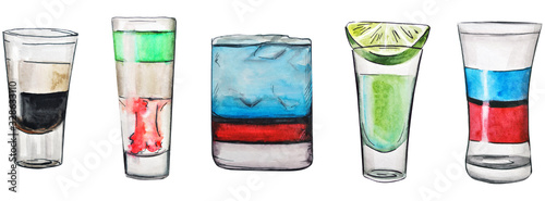  watercolor illustration. alcoholic drinks. Beautiful vibrant tropical cocktails. isolated on a white background. famous cocktails.