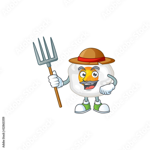 Fried egg in Farmer mascot design with hat and pitchfork