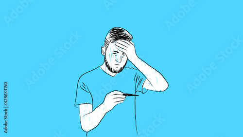 man suffering from fever holding thermometer simple hand drawn design style minimal vector illustration