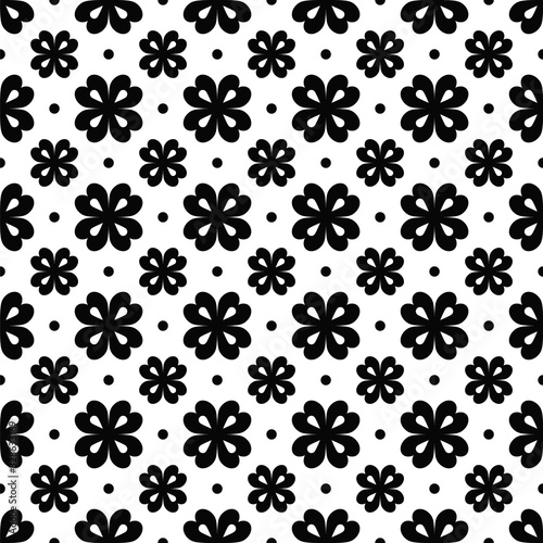Fototapeta Naklejka Na Ścianę i Meble -  Vector seamless pattern. Geometric abstract flower, dots. Floral black elements on white background. Seamless backdrop for greeting cards, banners, prints on clothing, on fabrics, packaging design etc