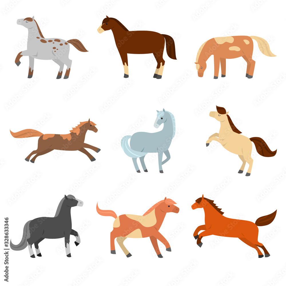 A set of cute cartoon horses of different configuration, color and coloring.