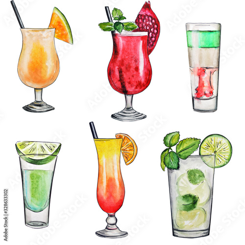  watercolor illustration. alcoholic drinks. Beautiful vibrant tropical cocktails. isolated on a white background. famous cocktails.