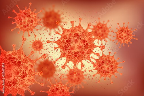 Coronavirus disease COVID-19 infection medical illustration. China pathogen respiratory influenza covid virus cells. New official name for Coronavirus disease named COVID-19 in blood stream background