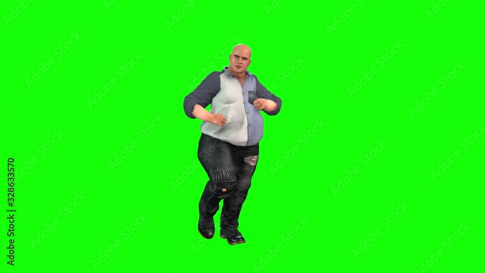 4k 3d animation of a fat avatar bald man running, walking and finally waving arms above his head. 4k 3d animation of a fat avatar bald man running, walking and finally waving arms above his head.