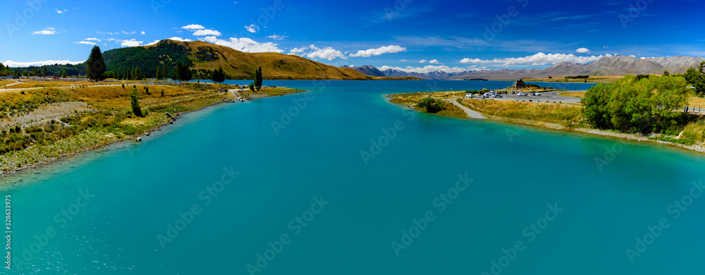 Panorama of Lake Tekapo in South Island, New Zealand