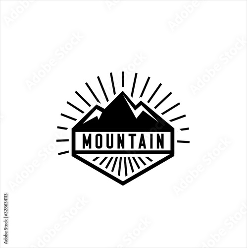 Mountains logo emblem vector illustration. Outdoor adventure expedition, mountains silhouette shirt, print stamp. Vintage typography badge design.