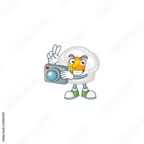 Fried egg mascot design as a professional photographer with a camera