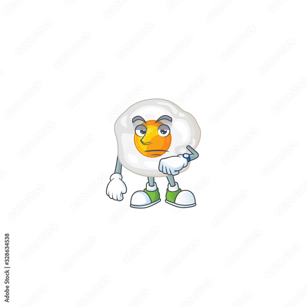 A cartoon icon of fried egg with waiting gesture