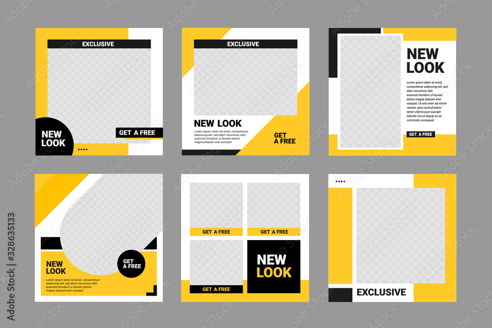 Set of Editable square banner design. Black and yellow background color  with stripe line shape. Suitable for social media post template Promotion.  instagram and web internet ads. Vector illustration. Stock Vector |