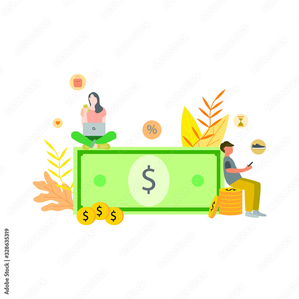 Fototapeta premium Flat illustration concept of people buy stuff discount at online shop, suitable for background, wallpaper, banner, cover, business, poster, template, flyer. Cartoon Flat Vector Illustration ui/ ux.