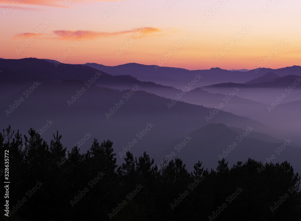 Sunset over the mountains in the Aiako Harriak Natural Park, Euskadi Sunset over the mountains in the Aiako Harriak Natural Park, Euskadi