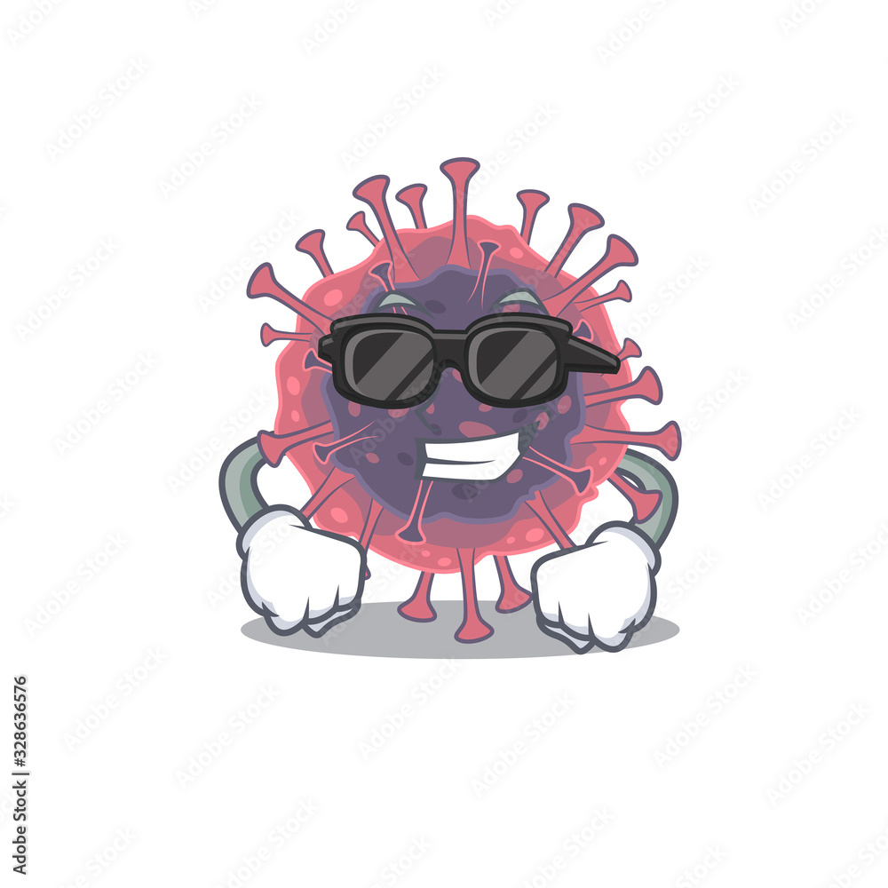 Naklejka premium Super cool microbiology coronavirus mascot character wearing black glasses