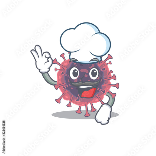 Cute microbiology coronavirus cartoon character wearing white chef hat