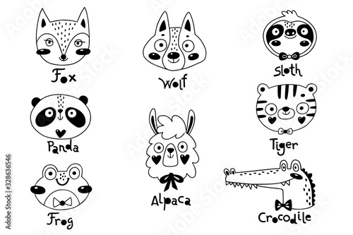 Avatars funny animal faces Sloth Tiger Wolf Alpaca Frog Panda Fox Crocodile. Vector illustration