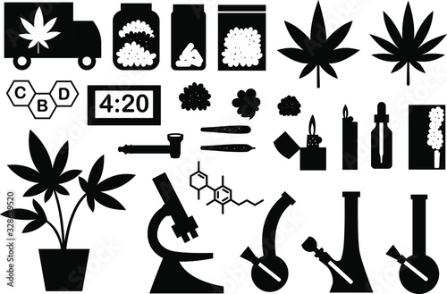 Marijuana black and white vector flat set, big collection of flat design of medical cannabis or smoking weed objects isolated on the white background. Cannabis collection.