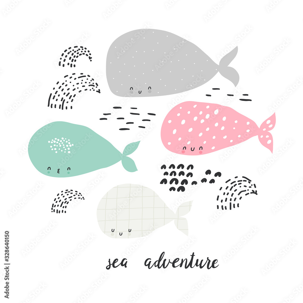 A family of cute whales. Childish print for nursery, kids apparel, poster and postcard. Vector Illustration.