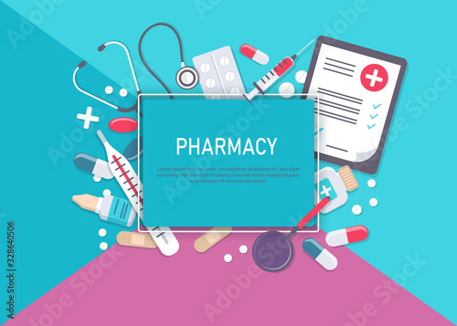 Medicine vector illustration. Pharmacy background, pharmacy desing, pharmacy templates. Medicine, pharmacy, hospital set of drugs with labels. Medication, pharmaceutics concept. Different medical 