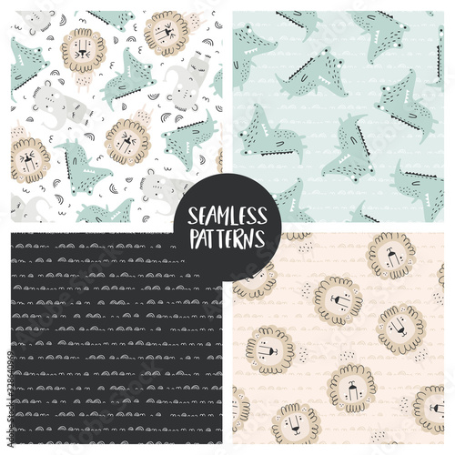 Seamless patterns with elephant, lion and crocodile. Scandinavian style. Perfect for kids fabric, textile, nursery wallpaper.