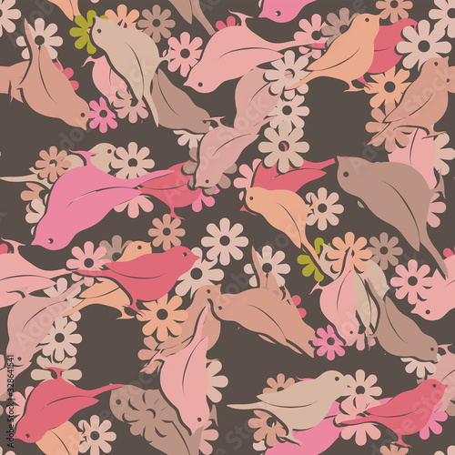 seamless pattern of bird flowers on a brown background. Vector image