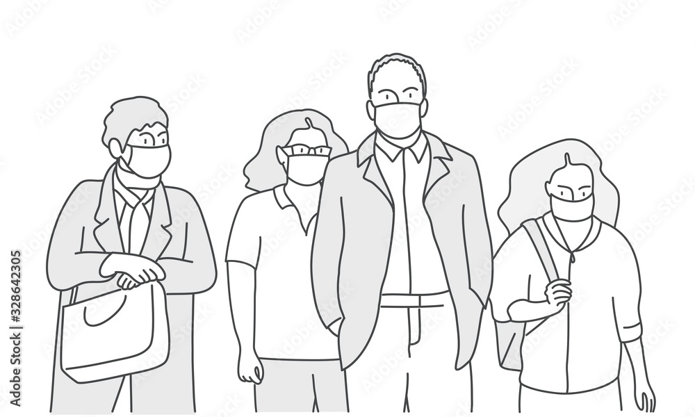 People wearing face masks, air pollution, contaminated air. Hand drawn vector illustration. People wearing face masks, air pollution, contaminated air. Hand drawn vector illustration.